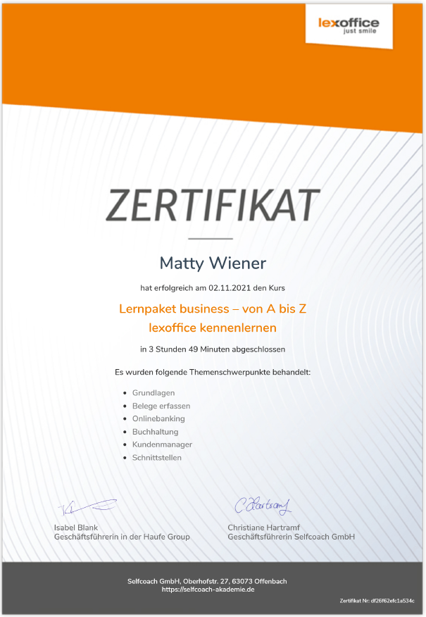 Zertifikat HalbtagPunk Lexoffice Lernpaket business